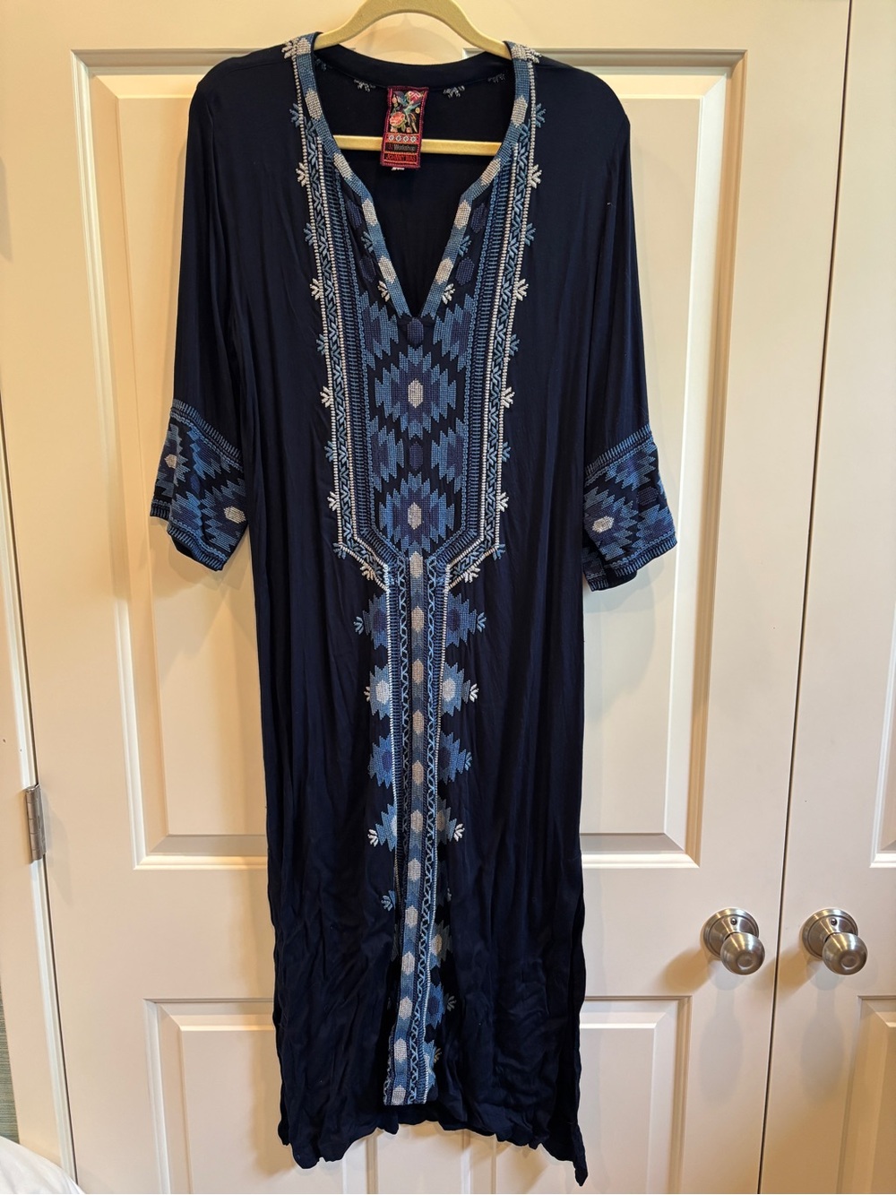 Johnny Was Navy Blue Embroidered Neckline Jacket